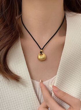 祥云锁福袋胖福金色项链女高级感黑色编织绳锁骨链高级福字配饰