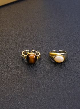 琥珀色天然石开口戒指女复古小众设计食指戒轻奢洋气高级感装饰品