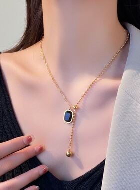 韩版小众高级简约金属钛钢黑色方钻圆珠不对称抽拉可调节锁骨项链