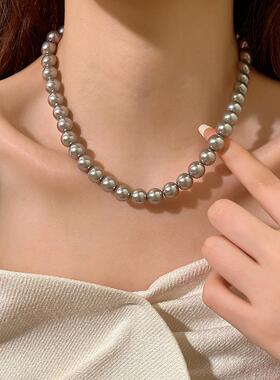 新款麻银灰色珍珠项链女轻