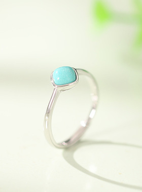 绿松石方戒银戒指女S925纯银时尚优雅简约复古做旧方形指环首饰