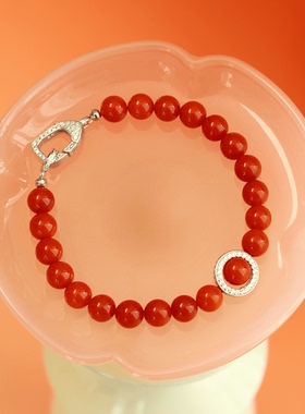 臻品满肉天然南红高奢手链女款纯银满镶嵌钻扣新中式手串生日礼物