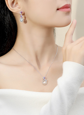 原创紫藤花珍珠项链999纯银时尚轻奢森系花朵吊坠微镶锆石项饰女