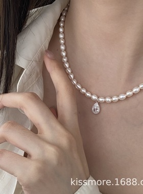 自制手作盈盈众珠间美国s925银强光彩光饱满米珠淡水珍珠简约项链