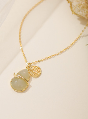 金宏宇福牌葫芦项链女925纯银和田玉镂空福字锁骨链14K金色复古风