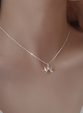 S925纯银在逃公主珠子蝴蝶结项链高级感吊坠小众圆珠链轻奢锁骨链