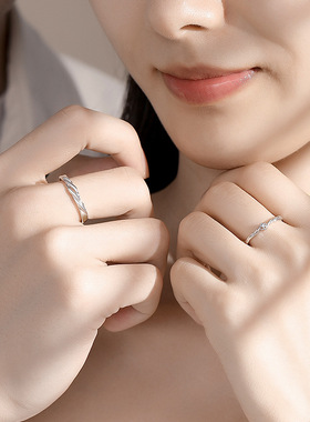 原创桔梗花情侣对戒925纯银一对轻奢简约素圈戒指交织开口指环ins