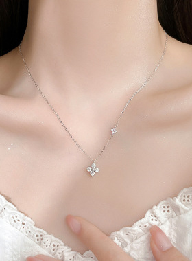 四叶草项链女微镶锆石叶子锁骨链925纯银小红书同款ins风吊坠