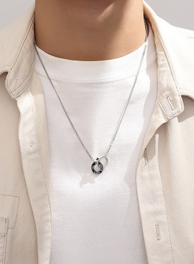 原创追光者圆环双环项链男纯银潮流个性小众设计毛衣链几何项饰品