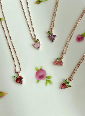 欧美跨境INS风彩色锆石樱桃水蜜桃热带水果吊坠锁骨项链项饰品女