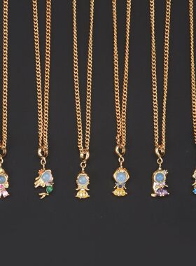 新款欧美彩色锆石卡通公主项链时尚美人鱼吊坠真金保色锁骨链