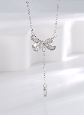 银恋原创设计S925银满钻蝴蝶结项链小众高级感流苏锁骨链项链饰品