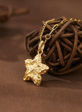 925纯银五角星项链女古法锤纹陨石星星吊坠黄金色国潮锁骨链礼物