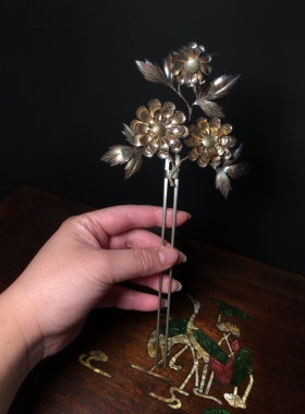 日本带回精工中古银鎏金大菊花发簪 花魁 婚嫁 双钗 U钗