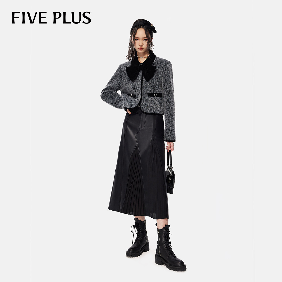 FIVE PLUSPU皮裙女半身裙中长款复古开叉百褶A字裙,淘宝优惠券,粉丝福利购,淘宝优惠卷