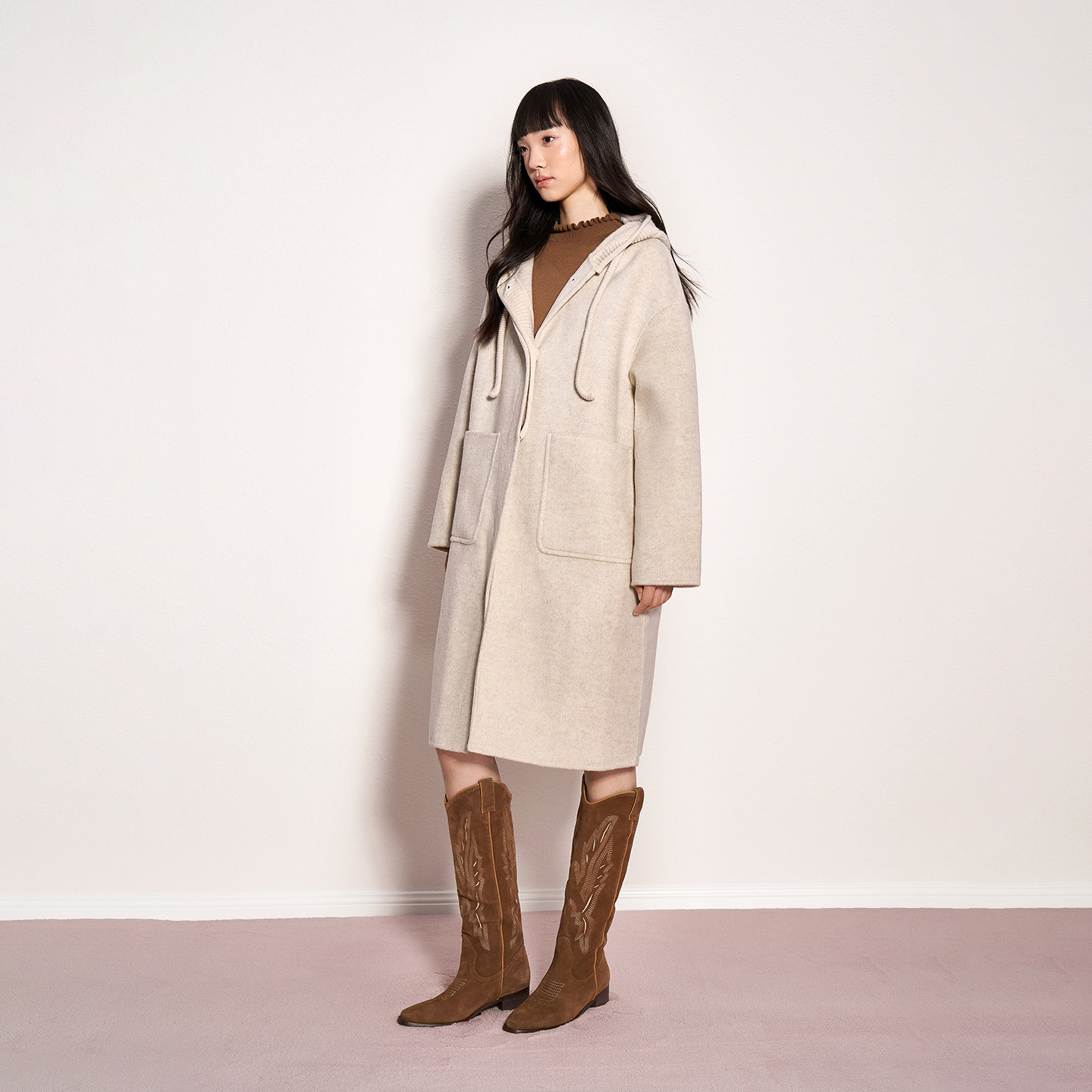 FIVE PLUS双面呢连帽抽绳直筒羊毛混纺中长款大衣毛呢外套,淘宝优惠券,粉丝福利购,淘宝优惠卷