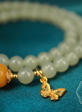 观檀和田玉蜜蜡双圈古风手串