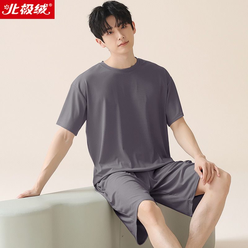 北极绒螺纹冰丝睡衣男士夏季两件套装短袖短裤简约休闲家居服夏天 - 图1