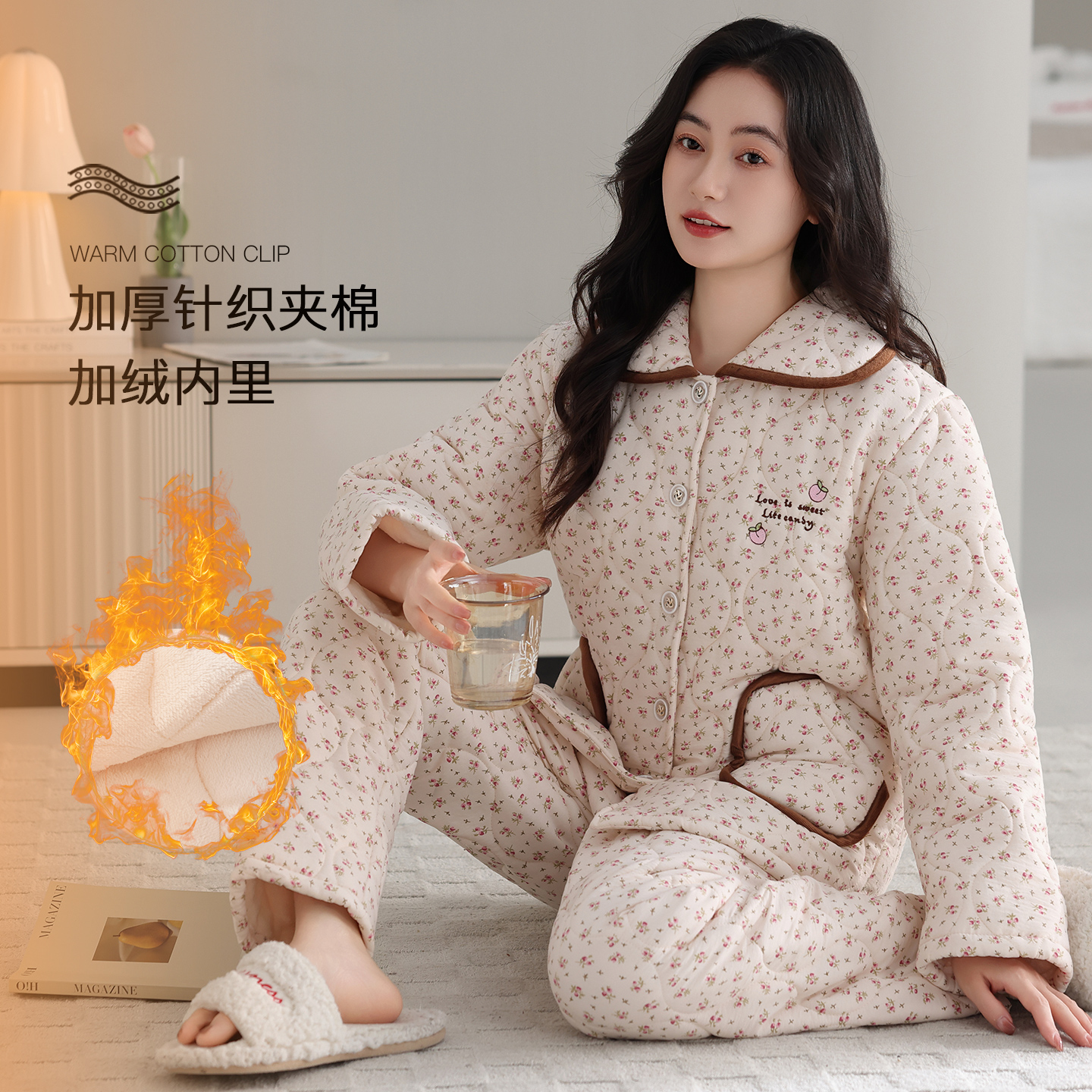 睡衣女士冬季三层加厚加绒纯棉夹棉袄秋冬天珊瑚绒超厚大码家居服 - 图0