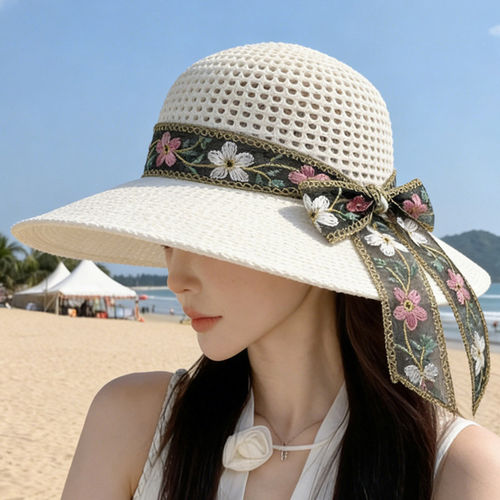2026新款花朵织带渔夫帽子女夏季透气草编遮阳防晒帽沙滩度假草帽 - 图0