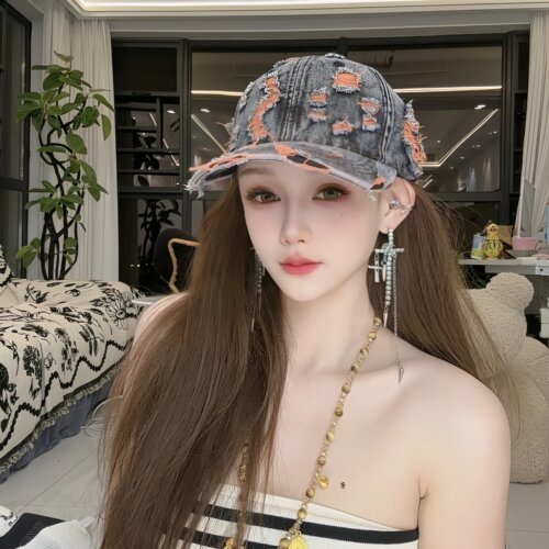 复古牛仔破洞棒球帽子女显脸小街头时尚磨毛边鸭舌帽夏季透气遮阳 - 图2