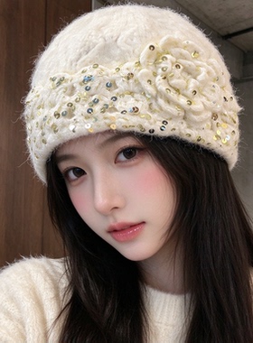 韩版亮片花朵针织包头帽女显脸小