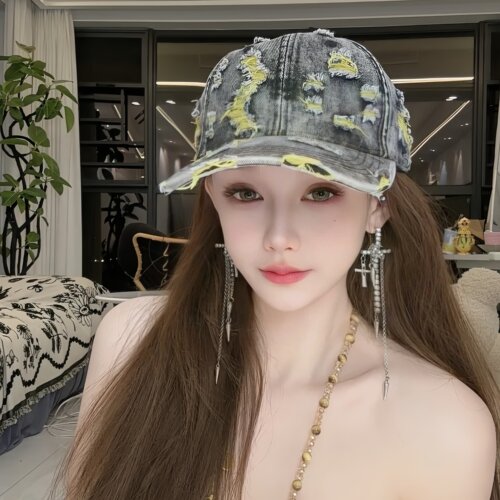 复古牛仔破洞棒球帽子女显脸小街头时尚磨毛边鸭舌帽夏季透气遮阳 - 图0