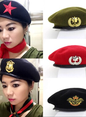 新款贝雷帽男毛呢帽女徽章跳舞