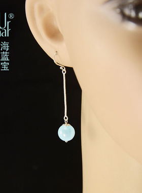 纯银耳饰品天然3a级海蓝长款水晶