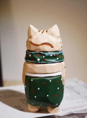 纳福绿围脖橘猫手工木雕小摆件
