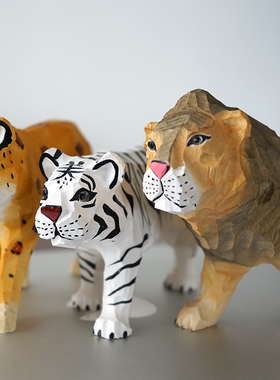 手工木雕摆件老虎狮子花豹白虎