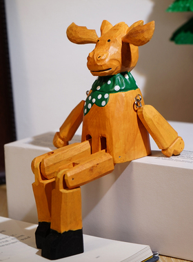 大长腿圣诞绿围脖麋鹿木雕小摆件