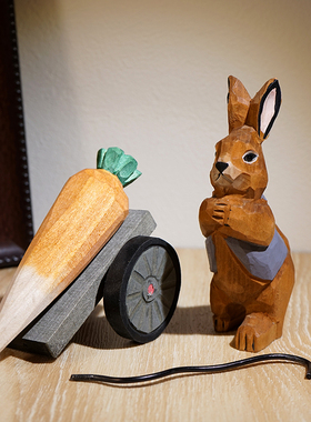 手工木雕小摆件可爱兔子胡萝卜