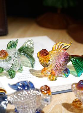 “年年有鱼”琉璃玻璃小摆件金鱼锦鲤工位办公桌面家居新年装饰品