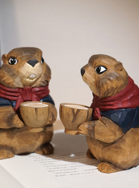 喝汤土拨鼠手工木雕小摆件