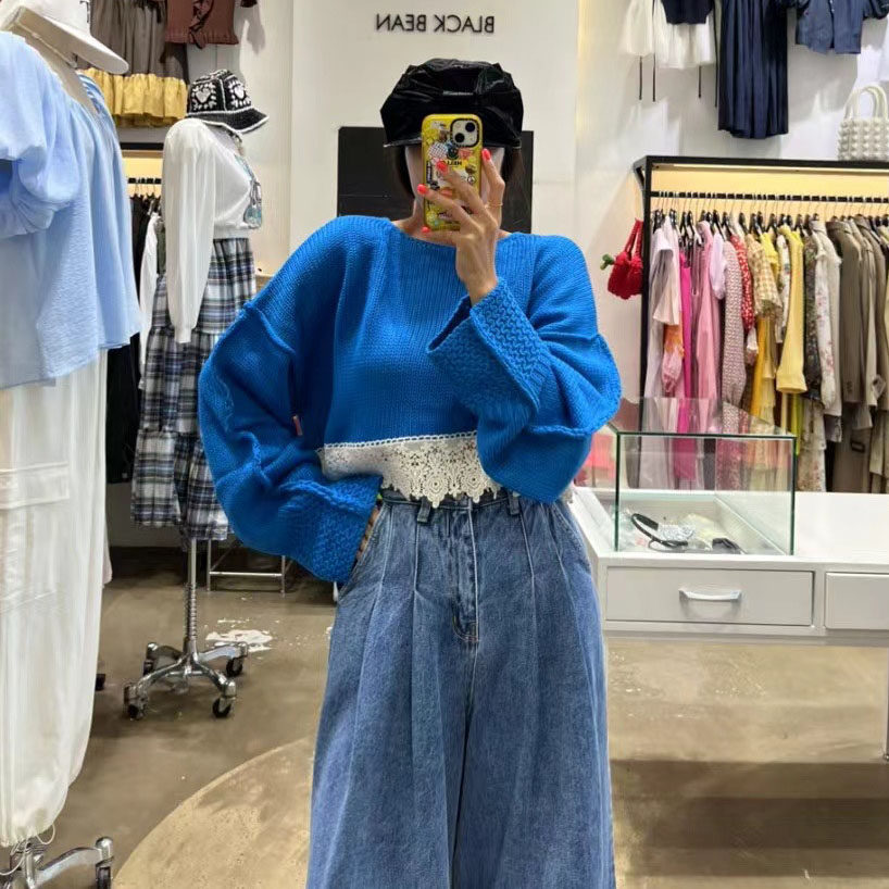 韩国东大门2024秋装设计感拼接蕾丝针织衫女喇叭袖宽松短款毛衣,淘宝优惠券,粉丝福利购,淘宝优惠卷