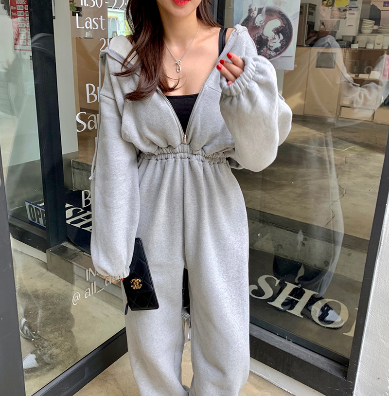 韩国东大门2025秋冬连帽拉链收腰显瘦卫衣洋气加绒连体裤长裤女 - 图1