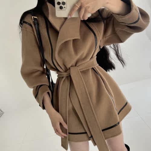 韩国东大门高级感羊绒呢子大衣女收腰显瘦保暖中长款斗篷毛呢外套 - 图1