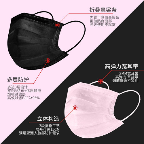 黑色口罩一次性三层防护单独立包装含熔喷防尘四层加厚活性炭50只 - 图0