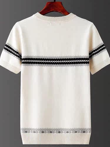 秋冬新款男士短袖毛衣半截袖圆领加厚提花修身大码针织衫打底线衣 - 图2