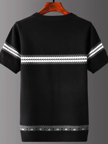 秋冬新款男士短袖毛衣半截袖圆领加厚提花修身大码针织衫打底线衣 - 图0