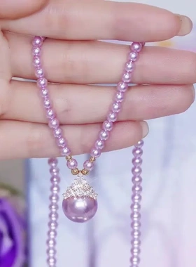 紫色镶钻珍珠吊坠项链女轻奢小众高级感时尚款毛衣链2025新款爆款
