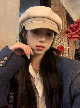 黑色毛呢PU皮质八角帽女款秋冬