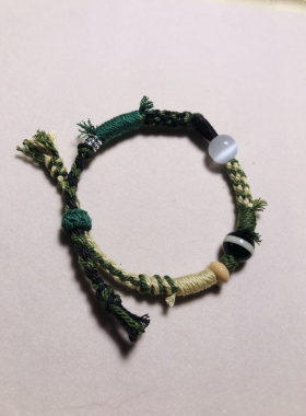 绿野仙踪军绿色系可调节藏式纯手工编织手绳猫眼石玛瑙一线天手绳