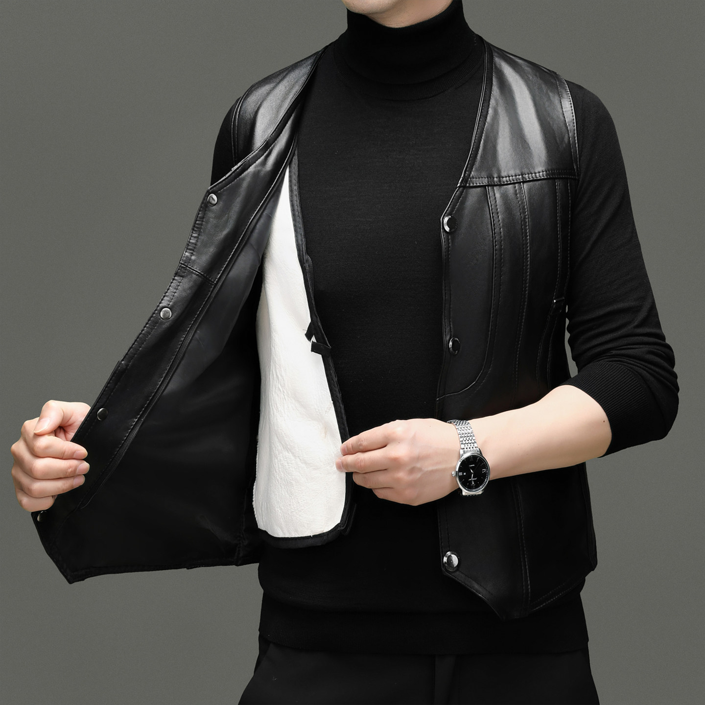 冬季真皮V领马甲男士加厚保暖羊毛内胆休闲背心高级感坎肩外套潮,淘宝优惠券,粉丝福利购,淘宝优惠卷