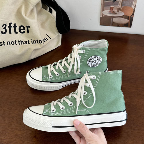 薄荷绿时尚青春潮流男女同款百搭学院系带港风休闲经典复古帆布鞋 - 图1