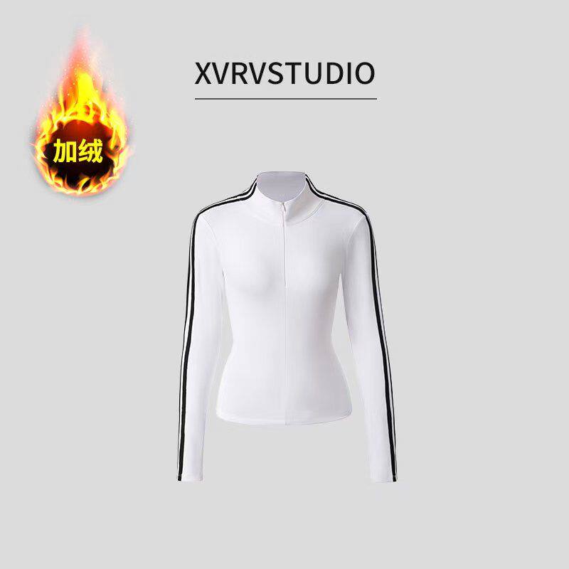 XVRV秋冬新款撞色条纹半拉链广场舞磨毛长袖显瘦百搭立领打底衫