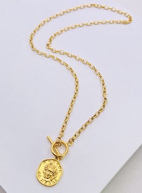欧美复古希腊金币狮子OT扣项链法式金属毛衣链复古小众吊坠颈饰女