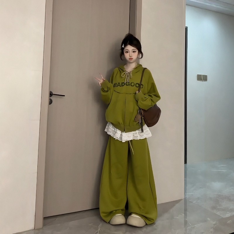 日系减龄休闲运动服套装女秋冬印花开衫卫衣外套阔腿裤宽松两件套,淘宝优惠券,粉丝福利购,淘宝优惠卷