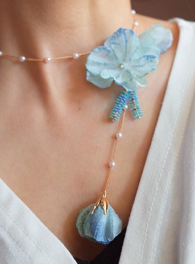 安妮花开【晴空】蓝色花朵夸张超美仙气流苏项链